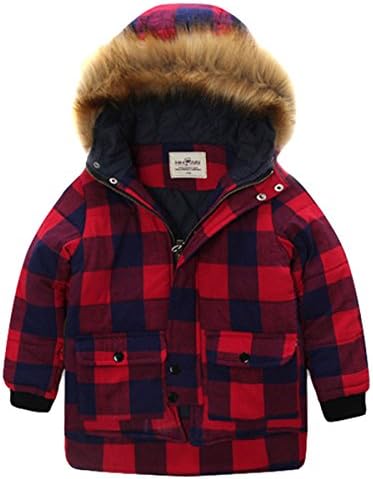 HHUU Baby Boys Kids Warm Jacket Tartan Plaid Hoodie Outwears Coat-Black &amp; Red-2-3 Years