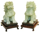Jade Fu Dogs with carved wooden stands - hand carved, pair