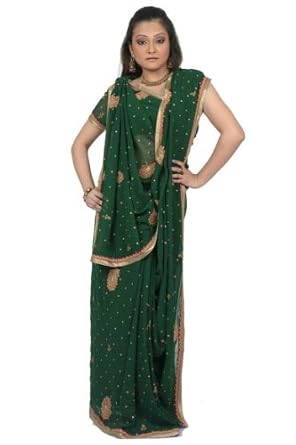 Korean Fashion Online : Hunter Green Embroidered Faux Georgette Saree The Cheapest