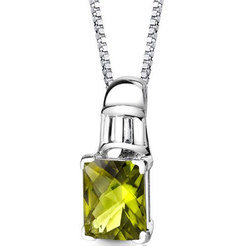 Ravishing Beauty: Sterling Silver 3.25 carats Radiant Checkerboard Cut Peridot Pendant with 18 inch Silver Necklace