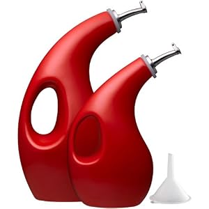 Rachael Ray Stoneware 2-Piece EVOO Oil and Vinegar Bottle Set with Funnel, Red