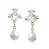 Yellow Gold Overlay Sterling Silver Freshwater Cultured Pearl & Cubic Zirconia Drop Earrings by Cheline