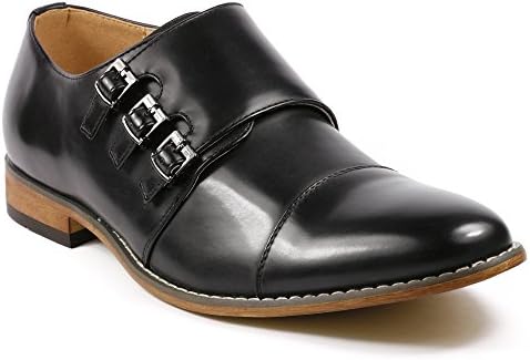 UVS09 Men's Triple Monk Strap Cap Toe Slip On Loafers Dress Shoes (Black, 11)