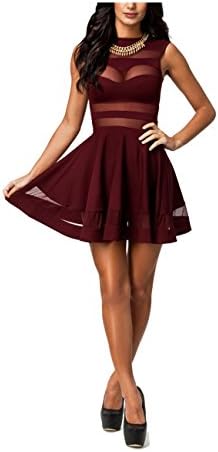 Easyfashions Women's Mesh See Through Stripe Mini Skater Little Black Dress Size M Red