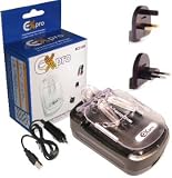 Ex-Pro ALL IN ONE Ultra Universal Digital Camera battery charger for camera batteries, AA & AAA batteries. Charges all types of battery with unique adjustable contact design. Mains Worldwide travel plugs included, (UK, Europe, USA & Canada). In-car adapter included for use in vehicle. Includes USB output charge facility - charges iPod, iTouch, MP3 players etc.