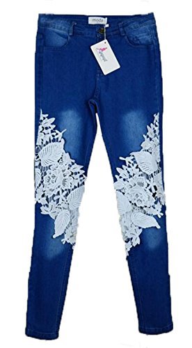 Sexy Women Denim Light Blue Skinny Jeans Crochet Lace Party Jeans Pants Trousers