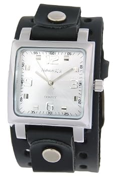 Nemesis #B5156S Men's Square Silver Dial Wide Leather Cuff Band Watch