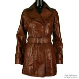 Ladies Mid Length Belted Tan Real Leather Coat H4B