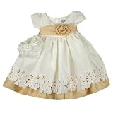 Girls Fancy Dress - Ivory with Gold Sash, Eyelet Stitching and Hat by S. Square (4T)
