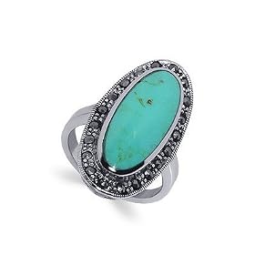 .925 Sterling Silver Marcasite Band Reconstituted Turquoise Ring