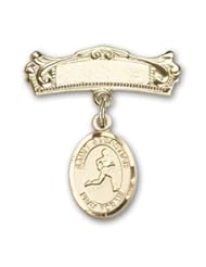 Gold Filled Baby Badge with St. Sebastian/Track & Field Charm and Arched Polished Badge Pin