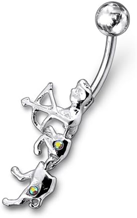 Rainbow Dangling Grasshopper Sterling Silver with 14G-3/8 Inch (1.6x10MM) 316L Surgical Steel Banana Belly Ring Body jewelry
