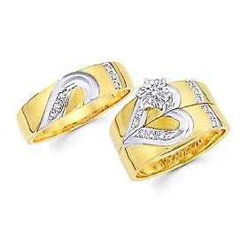 Size- 4 - 1/4ct Diamond 14k Gold Heart Engagement Wedding Trio His and Hers 3 Ring Set (G-H, SI2): Jewelry