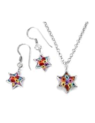 Silver Star of David Jewelry Set for Women - Jewish Necklace and Dangle Earrings - Flower Pendant Made of Polymer Clay - Judaica Gift Ideas
