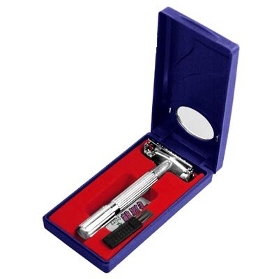 Chrome Plated Stripes Design Traditional Butterfly TTO Double Edge Wet Shaving Safety Razor w/ Brush Blade Case