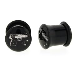 Black Acrylic Single Flare Plug - Gun Logo - 00g- Sold as a Pair