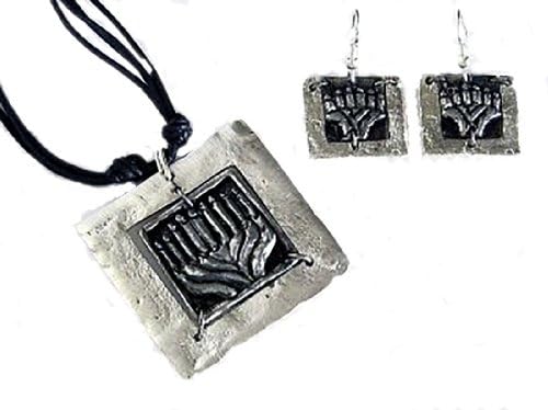 Menorah Necklace and Earrings Set - Handcrated in Pweter, 3 Colors Available (A - Silver Finish)