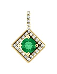14K Yellow Gold 5.00mm Round Cut Emerald and Diamond Pendant