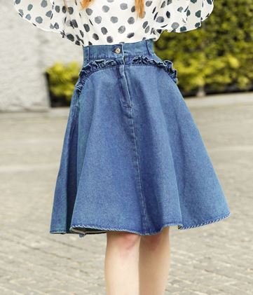 (ALLURE) デニム フレア Aライン スカート フリル ミニ ひざ丈 ブルー AF0510