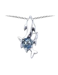 Original Star K (tm) 7mm Heart Shape Simulated Aquamarine Two Swimming Dolphin Pendant in 925 Sterling Silver