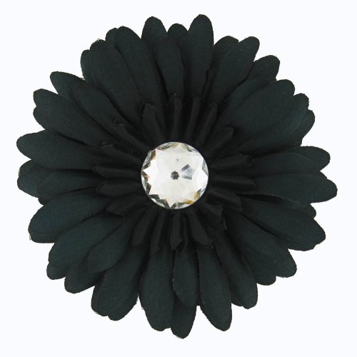 Large Gerber Daisy Flower Hair Clip Bow with Crystal Center for Infant Baby Toddler to Youth Girl- Black