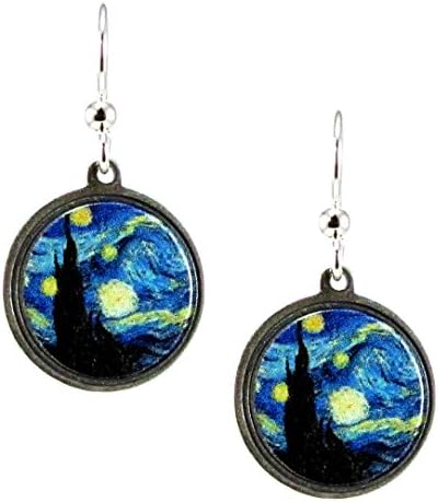 Earth Dreams Hand Painted Starry Night By Van Gogh Dangle Earrings USA Plated Surgical Steel Wires