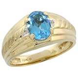10k Gold Brushed Center Men's Stone Ring, w/ 1.75 Total Carat Oval Cut (9x7mm) Blue Topaz Stone & Brilliant Cut Diamonds, 7/16 (11mm) wide
