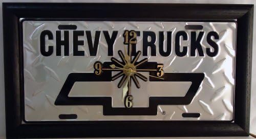 2, Quartz Clocks, on a CHEVY TRUCKS DIAMOND, with BOWTIE Metal Sign, Enclosed by Black Wood Holder, 33B3.8&17A4.0