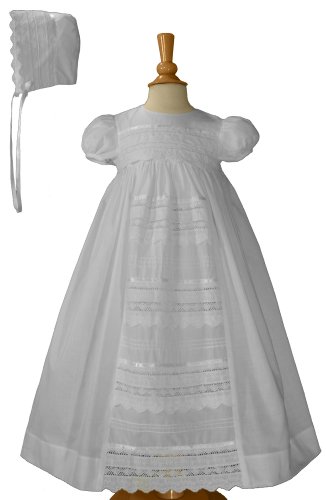 White Cotton Christening Baptism Gown With Lace Panel and Bonnet