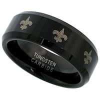 Tungsten 8 mm (5/16 in.) Comfort Fit Flat Wedding Band Ring w/ Fleur De Lis Pattern, Black Finish (Available in Sizes 7 to 14), size 11