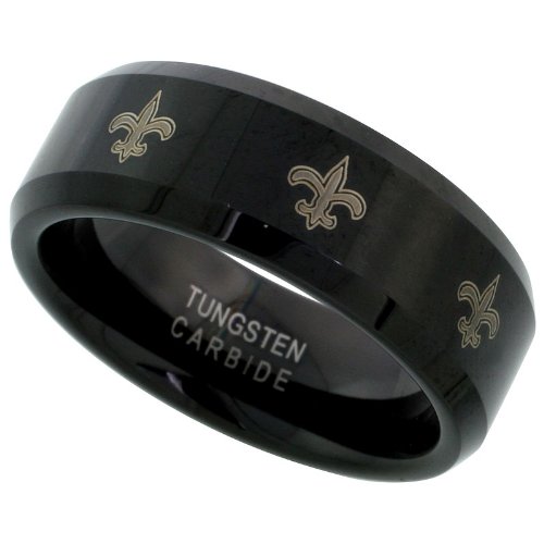 Tungsten Carbide 8 mm (5/16 in.) Comfort Fit Flat Wedding Band Ring w/ Fleur De Lis Pattern, Black finish
