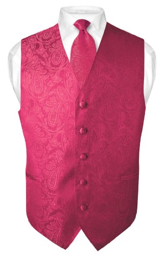 Men's Paisley Design Dress Vest & NeckTie HOT PINK FUCHSIA Color Neck Tie Set
