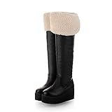 WeenFashion Womens Closed Round Toe Mid Heel Platform Short Plush PU Solid Boots, Black, 8.5 B(M) US