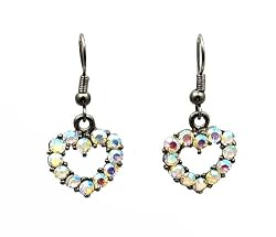 Earrings - E188 - Crystal Hearts (Sm) - Antique Silver Tone Finish ~ Clear AB (Irridescent)