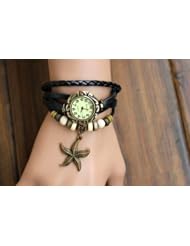 Wrap Around Weave Leather Watch Bracelet Wristwatch Wristband (Starfish Style （Black）)