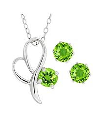 1.50 Ct Round Natural Green Peridot Heart Shape Pendant Earrings Set 18" Chain