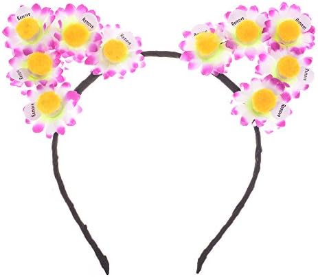 Isooak Cat Ear with Daisy Flowers Led Headband for Holiday Festival Crown (pink white)