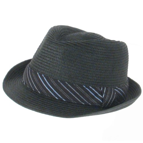 STRIPE BAND STINGY BRIM BRAID FEDORA TRILBY HAT BLACK - Medium