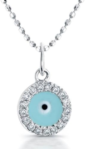 14k White Gold Evil Eye Diamond and Light Blue Enamel Necklace