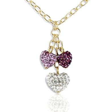Cheap Girls Jewelry Pink, White and Magenta Triple Heart Dangling Pendant Necklace - 18K Gold Plating - Perfect for Girls and Ladies For Sale