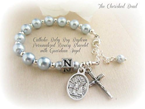 Personalized Catholic Baby Boy Baptism Light Blue Pearl and Silver Rosary Bracelet with Guardian Angel
