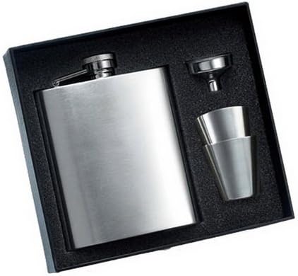 Personalized 8oz Brushed Silver Rimless Stainless Steel Flask with 2 Stainless Steel Shooters & Funnel Gift Set in Black Gift Box, Free Engraving!