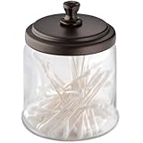 InterDesign York Bathroom Vanity Glass Apothecary Jar for Cotton Balls, Swabs, Cosmetic Pads - Short, Clear/Bronze