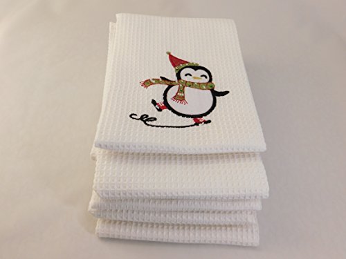 Embroidered Waffle Weave Winter Kitchen Tea Towels, Set of 4 Size: 28.25 by 16.75 Inches 100% Cotton Dish Towels with hanging loop, Super Absorbent Christmas Holiday Design Dish Cloth - Skiing Penguin