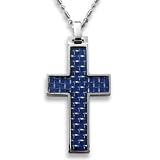Tungsten Carbide Cross with Blue Carbon Fiber Inlay on a 24 Inch Chain