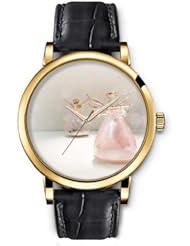 SPRAWL Aanalog Fashion Series Gold Ladies Watches of Genuine Black Leather Strap,Unique Wrist Watch for Women Girls Designed with Lindos bottles angels