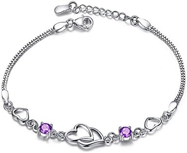 925 Sterling Silver Double Heart Bracelets with Purple Cubic Zirconia for Girls Women