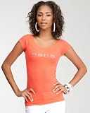 bebe Logo Double V-Neck Tee - HOT CORAL (M)