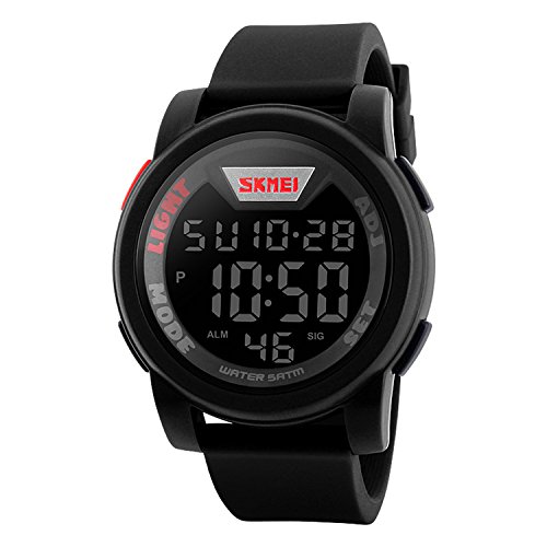 Men s Digital 50M Waterproof Electronic Unique Round Outdoor Sport Watch Sillicone Band Heavy Duty Army Military 24H Time LED Back Light 164FT Water Resistant Calendar Month Date Day - Black & Red