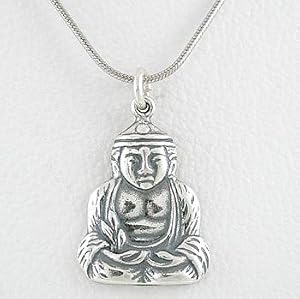 Sitting Buddha Pendant on a 16" Rhodium and Sterling Silver Snake Chain, #8500